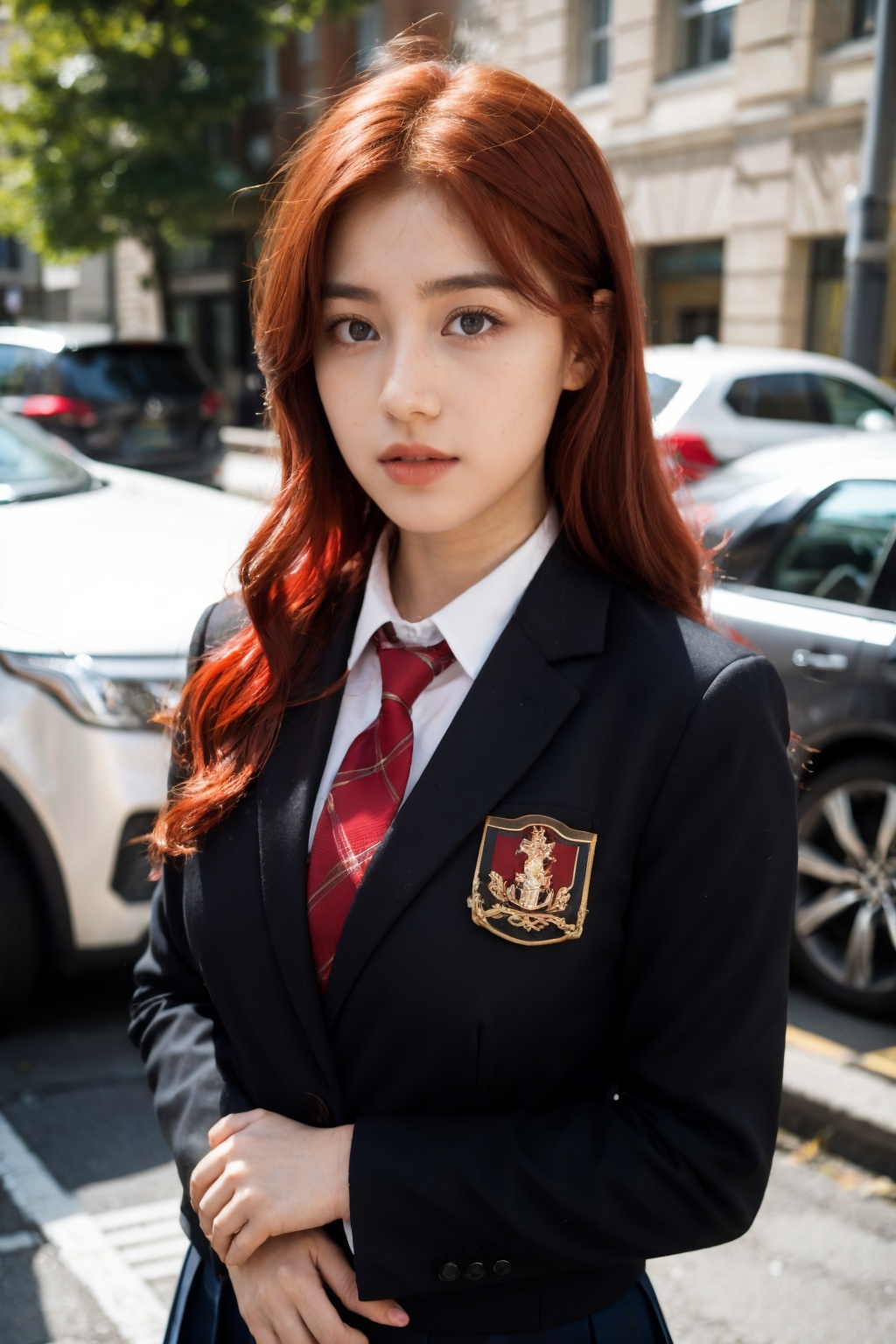 1girl,  red hair,  hand on own chest on Tensor.Art