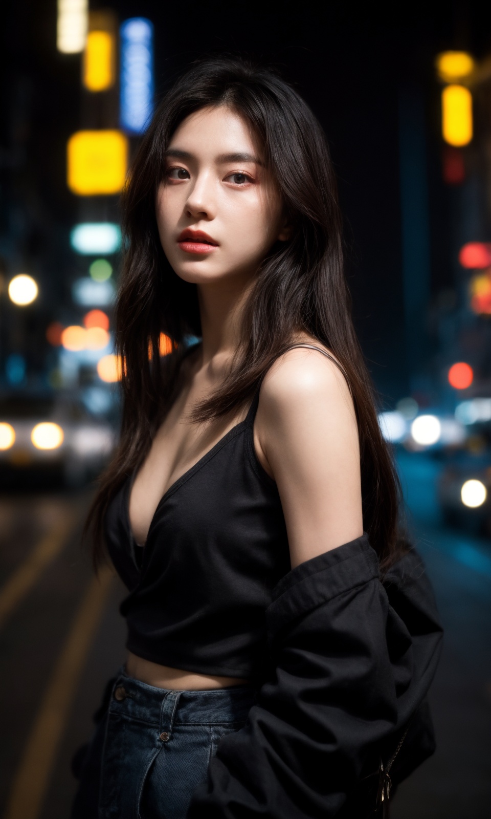 hubggirl,  Photo of a beautiful korean fashion model bokeh city night on Tensor.Art