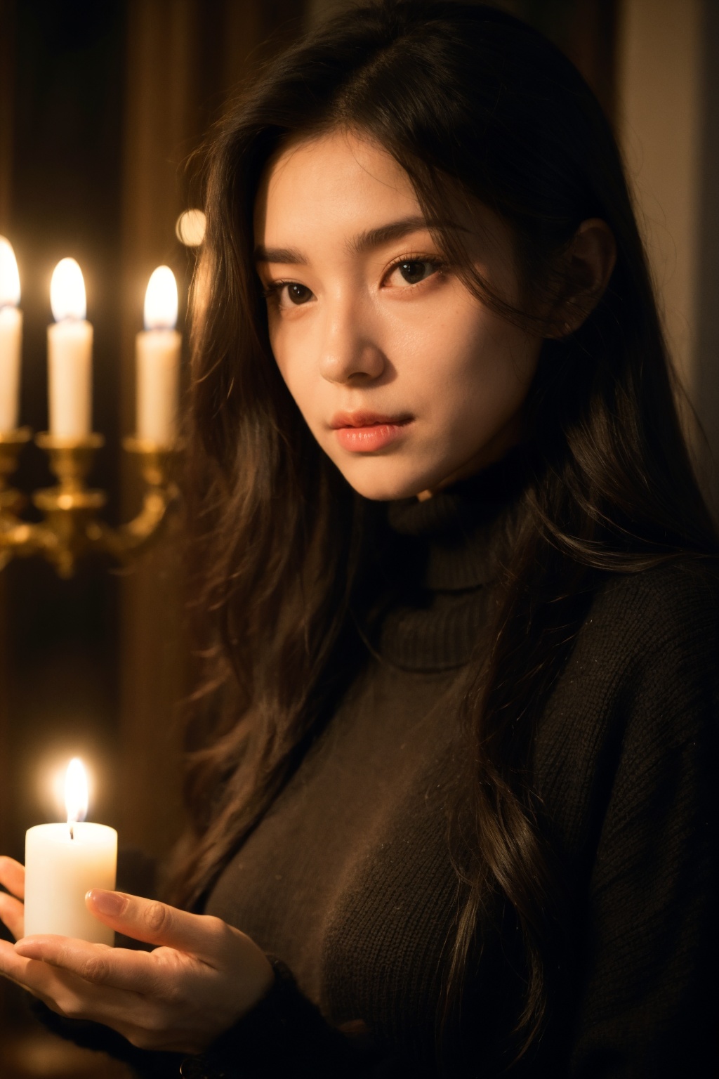 a woman with long hair and a black sweater is holding a candle in her hand and looking at the camera on Tensor.Art