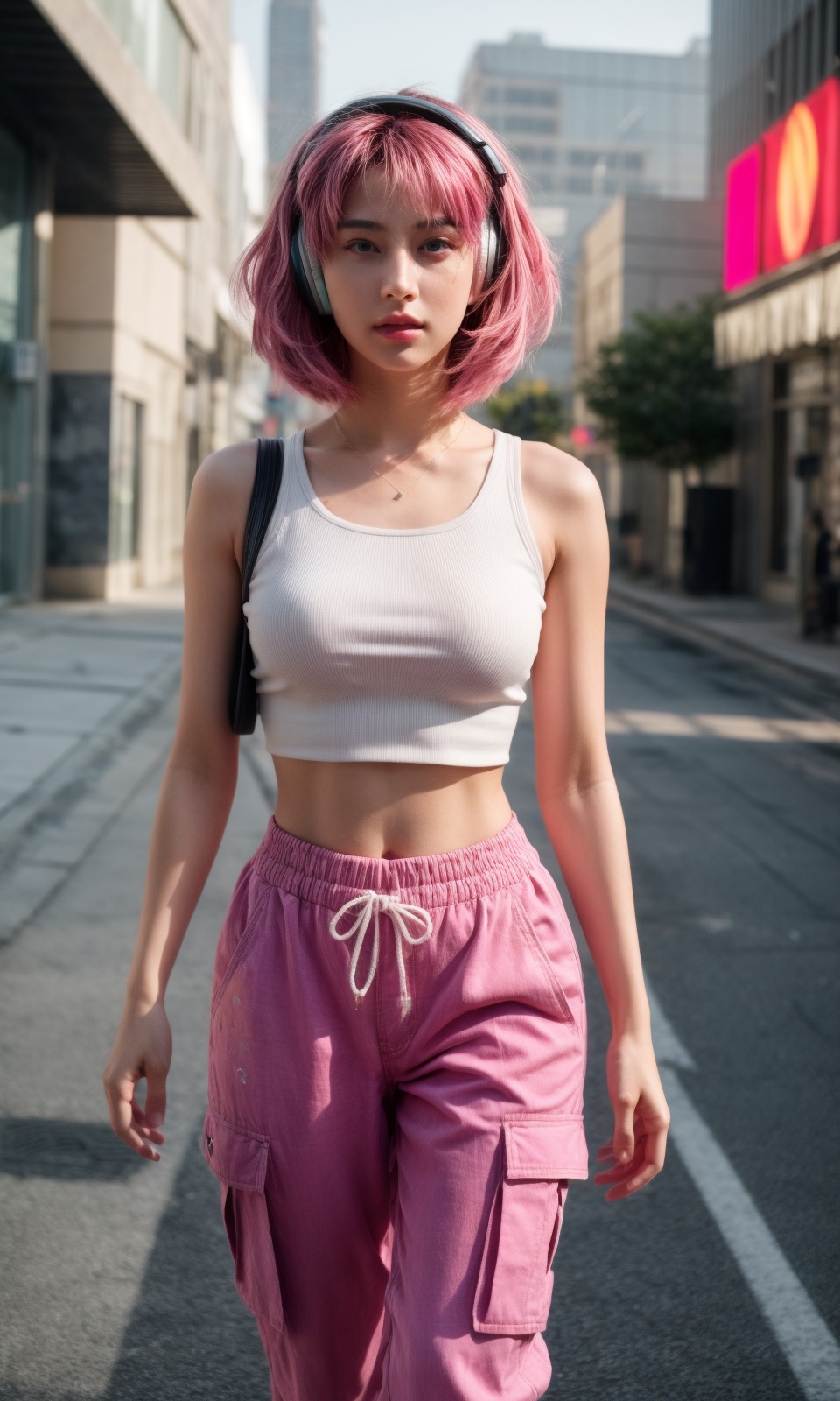 a award winning half body portrait of a beautiful girl in a croptop and cargo pants with ombre purple pink teal hairstyle...