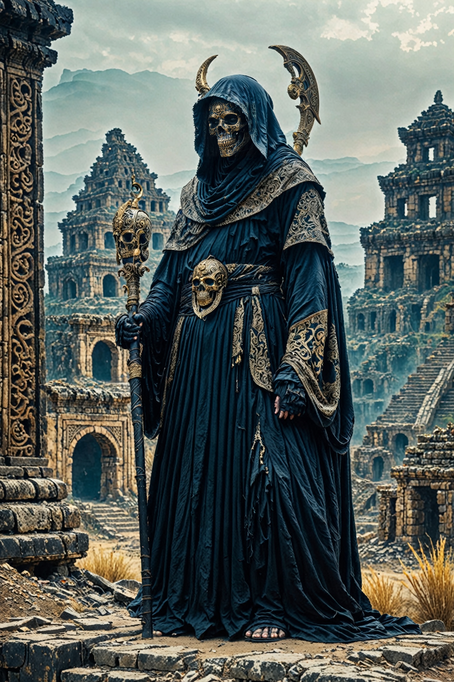 A mysterious figure draped in a dark,  ornate robe with intricate designs. The figure wears a hood that conceals most of t...