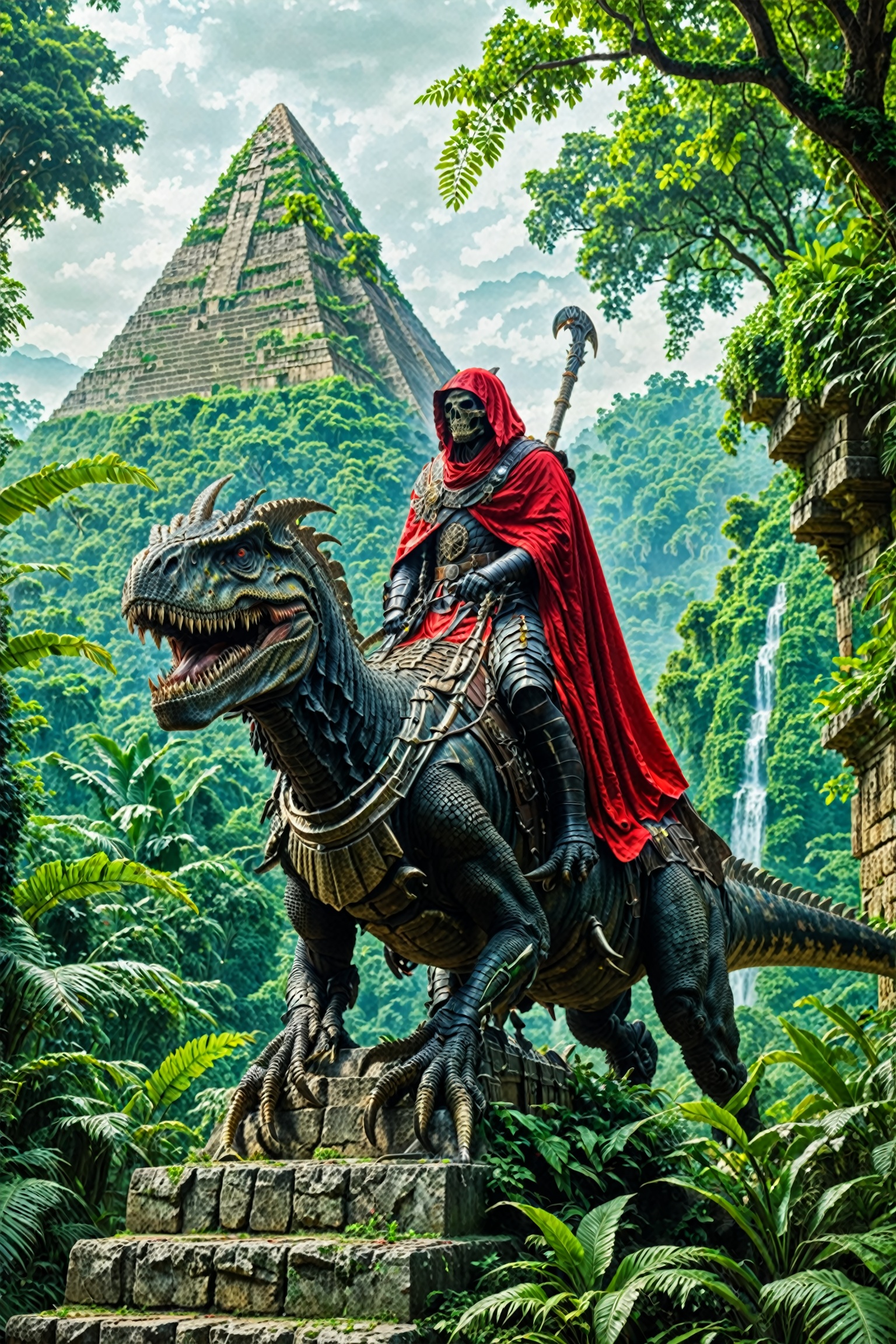 A grand,  ancient temple or pyramid in the background,  surrounded by lush greenery and dense foliage. In the foreground o...