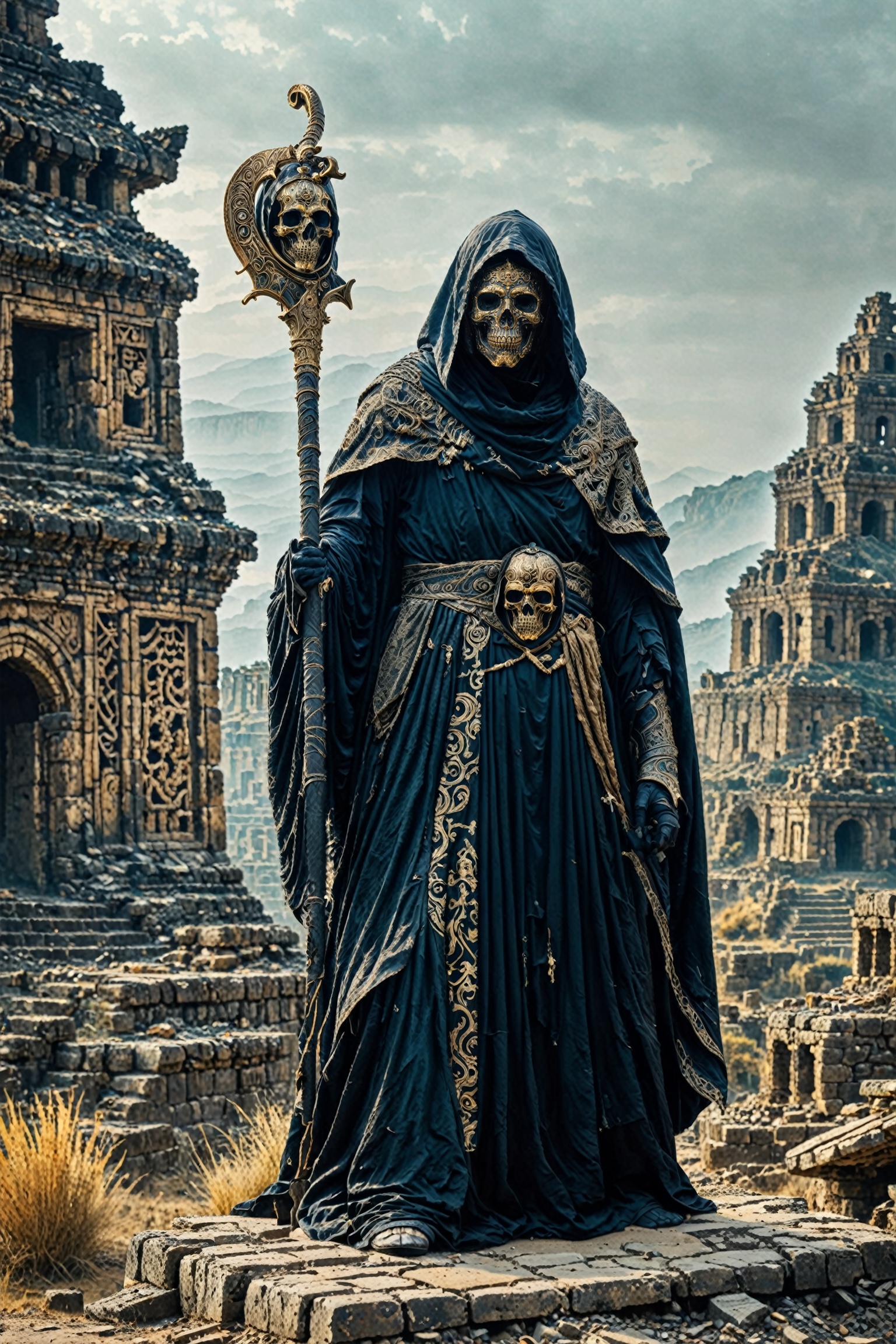 A mysterious figure draped in a dark,  ornate robe with intricate designs. The figure wears a hood that conceals most of t...