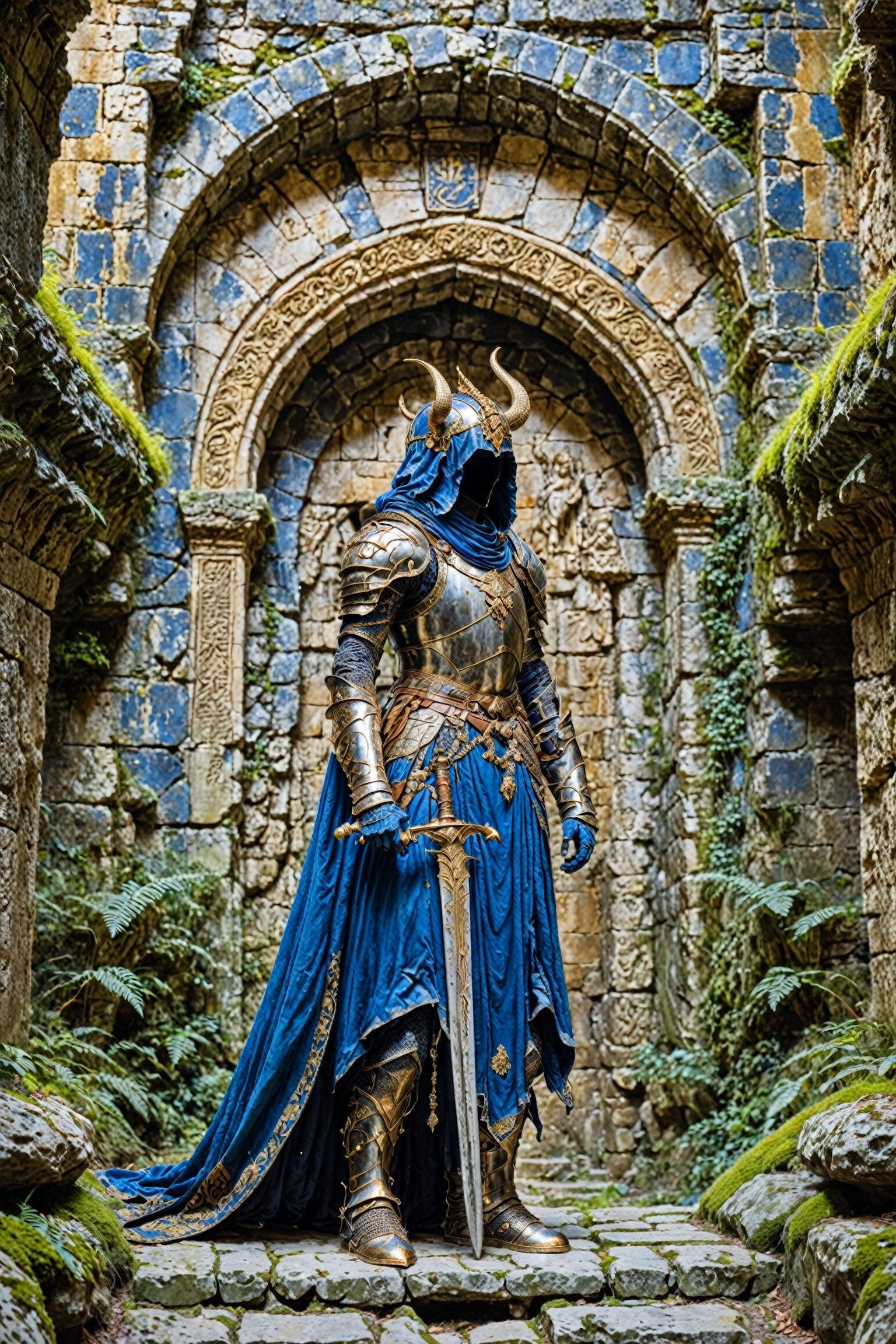 A mysterious figure standing in front of an ancient stone archway. The figure is adorned in ornate blue armor with intrica...
