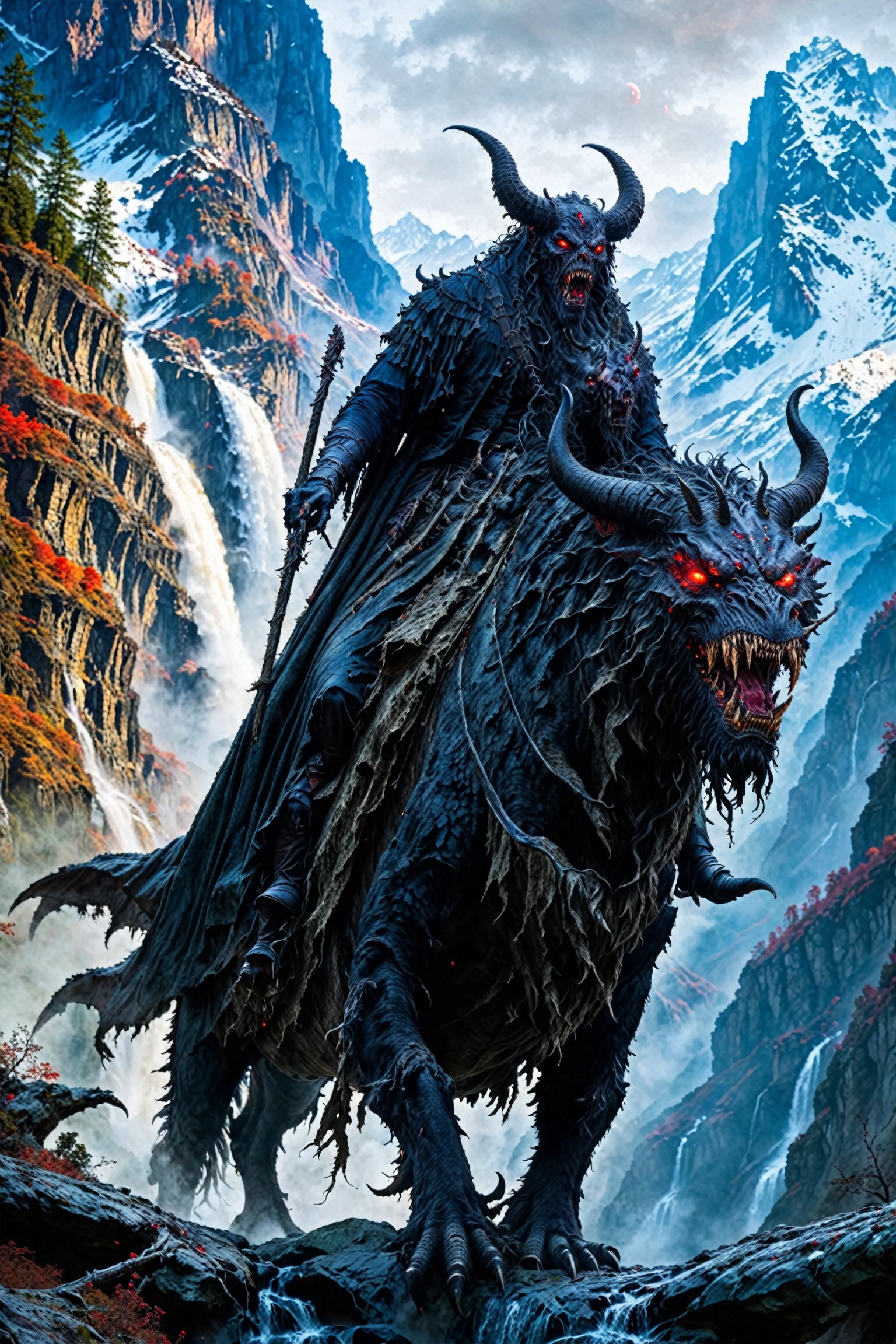 A menacing figure,  possibly a demon or a mythical creature,  riding a beast with glowing red eyes. The creature has large...