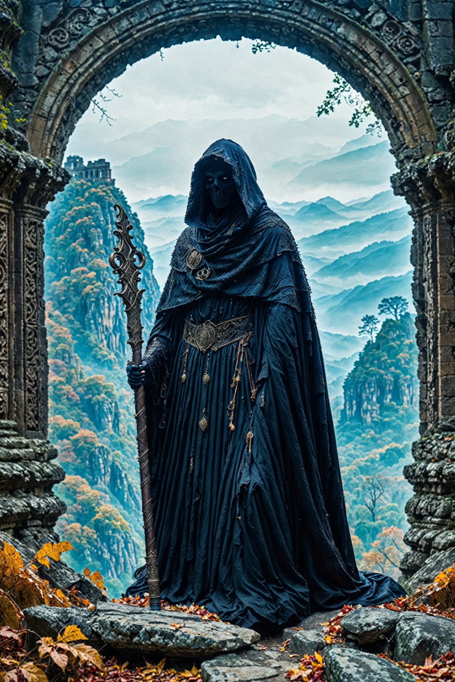 A mysterious figure draped in a dark cloak,  with a hood obscuring most of their face. The figure holds a tall,  ornate st...