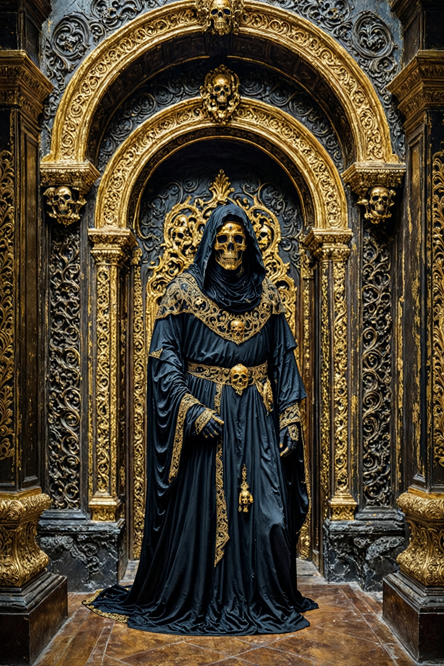 A mysterious figure draped in dark,  ornate robes adorned with intricate golden embellishments. The figure's face is conce...