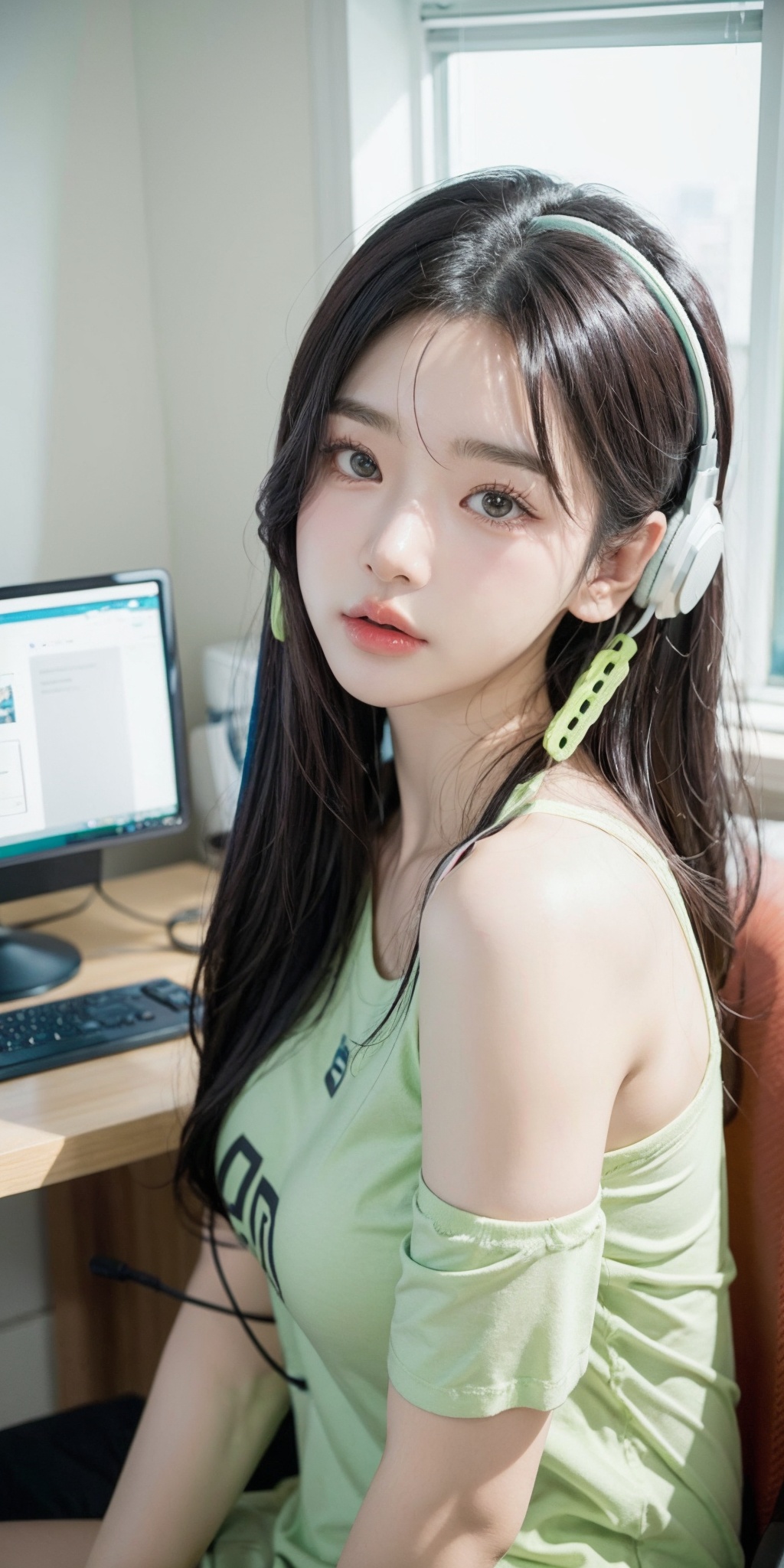 A beautiful Korean girl wearing a green shirt,  wearing pinky gaming headphones,  playing computer games on Tensor.Art