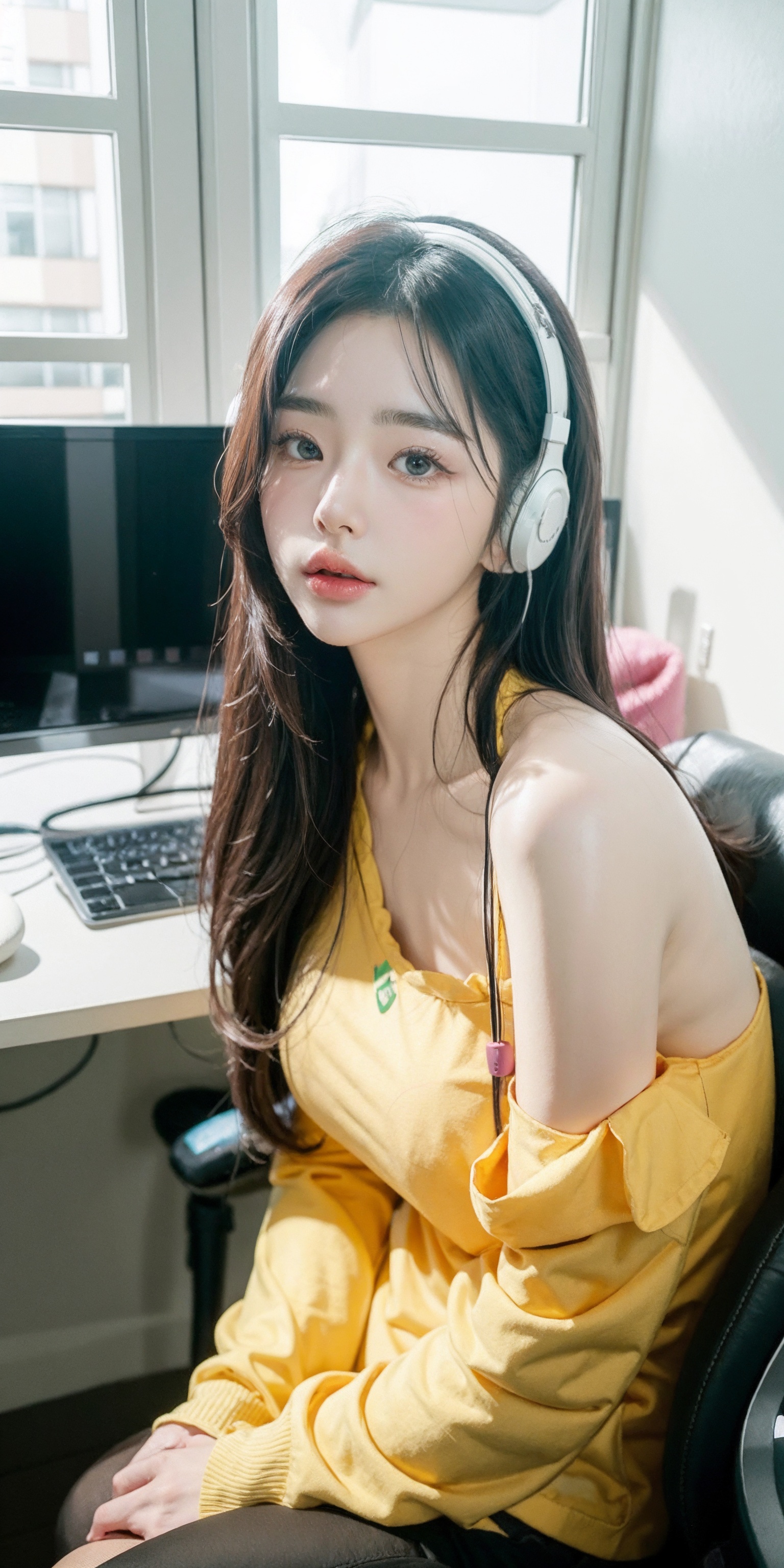 A beautiful Korean girl wearing a green shirt,  wearing pinky gaming headphones,  playing computer games on Tensor.Art