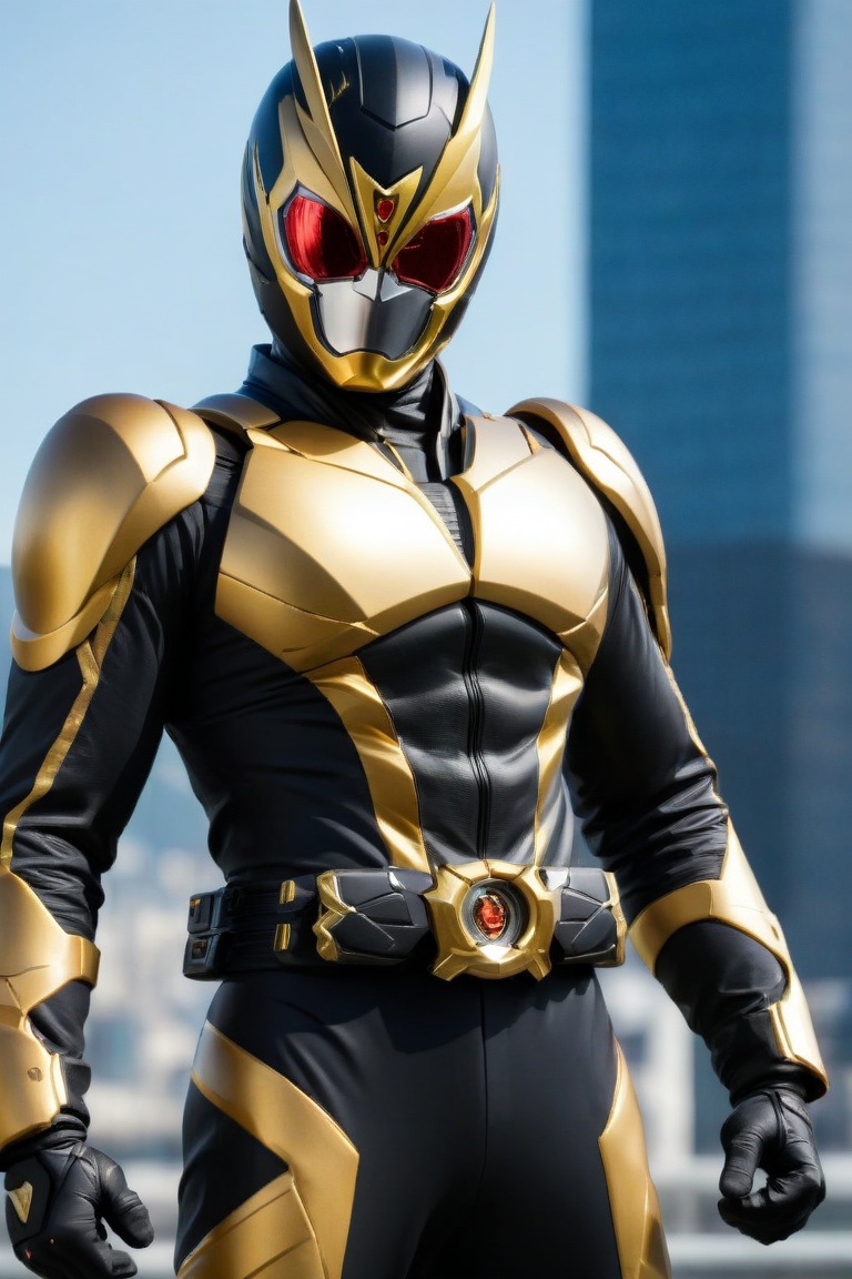 Kamen Rider stands confidently in a sleek black and gold jumpsuit,  his perfect athlete body radiating strength. In an act...