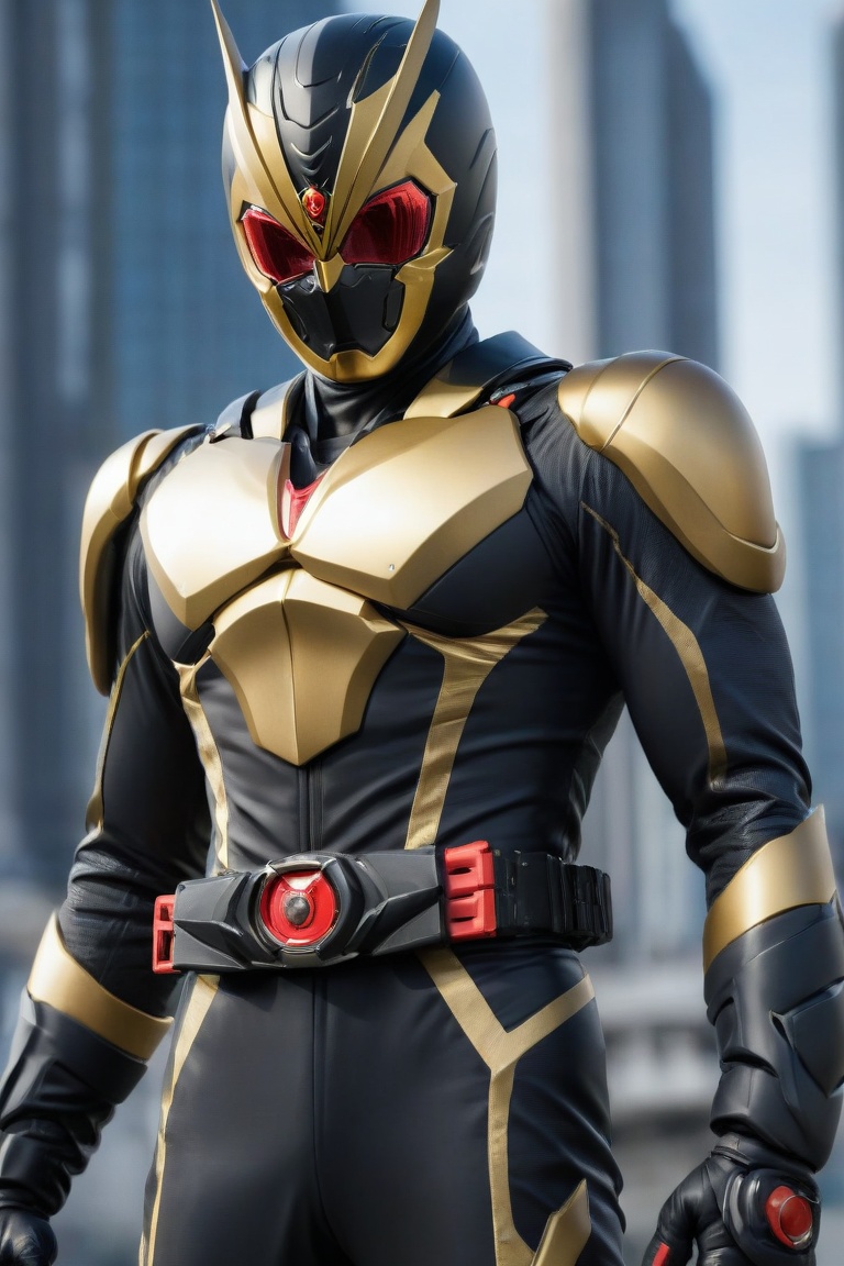Kamen Rider stands confidently in a sleek black and gold jumpsuit,  his perfect athlete body radiating strength. In an act...