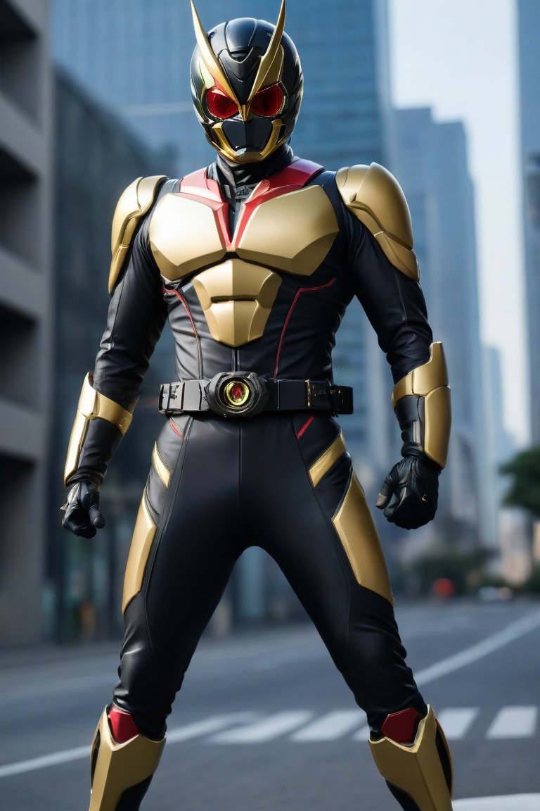 Kamen Rider stands confidently in a sleek black and gold jumpsuit,  his perfect athlete body radiating strength. In an act...