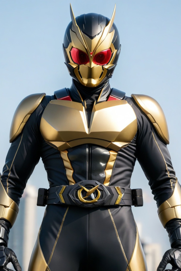 Kamen Rider stands confidently in a sleek black and gold jumpsuit,  his perfect athlete body radiating strength. In an act...