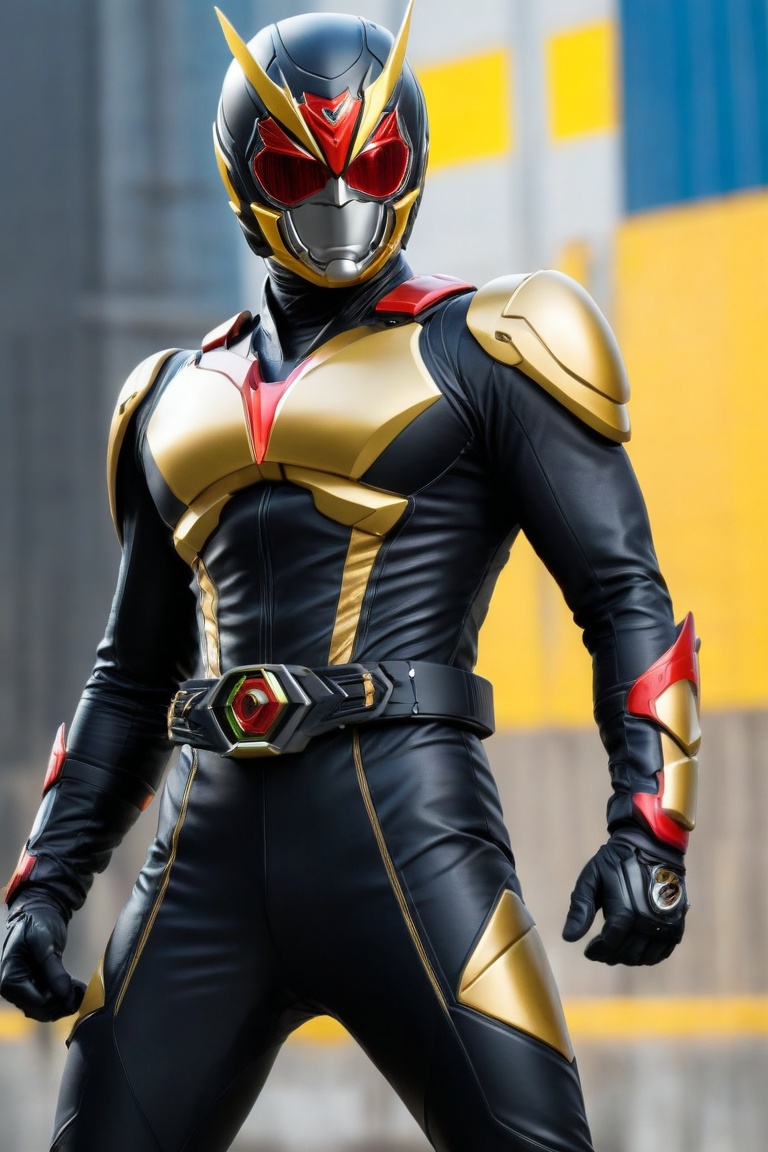 Kamen Rider stands confidently in a sleek black and gold jumpsuit,  his perfect athlete body radiating strength. In an act...