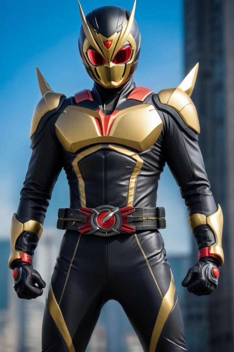 Kamen Rider stands confidently in a sleek black and gold jumpsuit,  his perfect athlete body radiating strength. In an act...