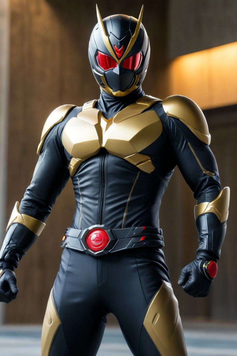 Kamen Rider stands confidently in a sleek black and gold jumpsuit,  his perfect athlete body radiating strength. In an act...