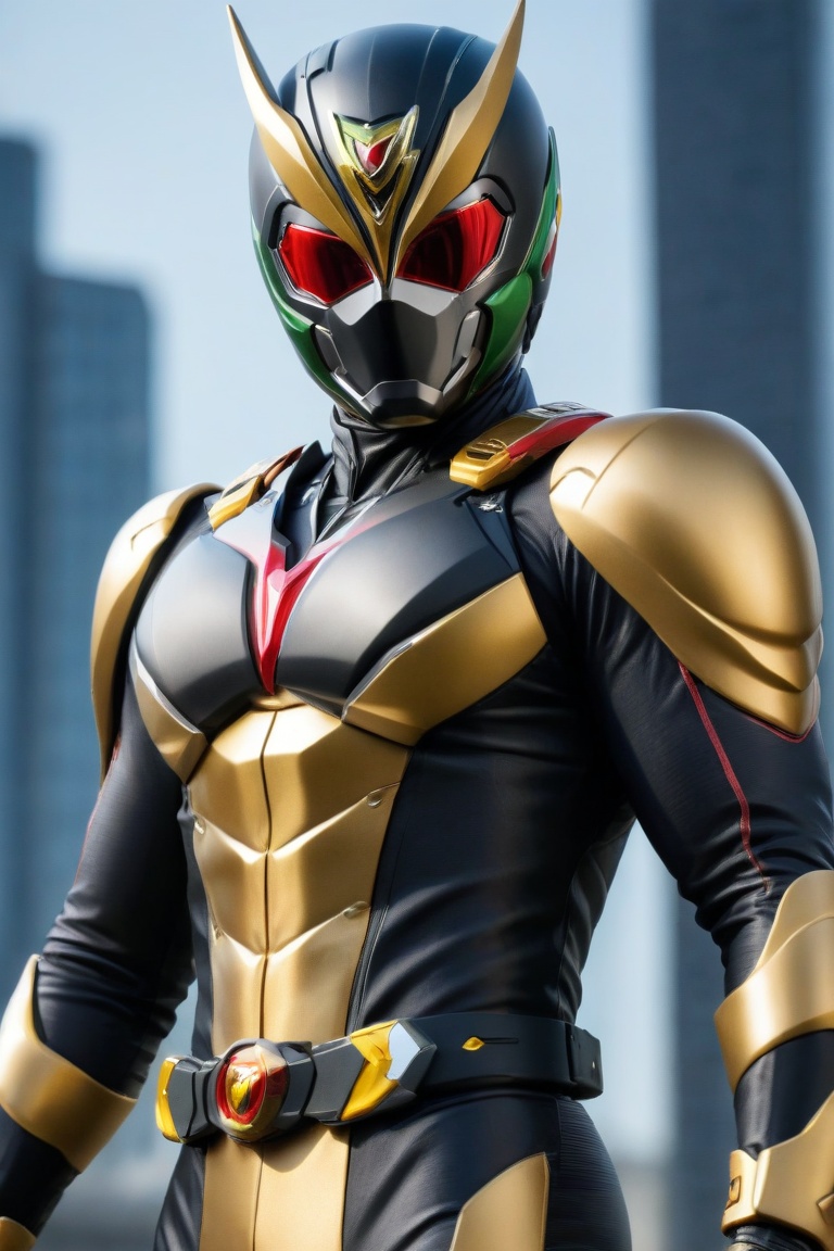 Kamen Rider stands confidently in a sleek black and gold jumpsuit,  his perfect athlete body radiating strength. In an act...