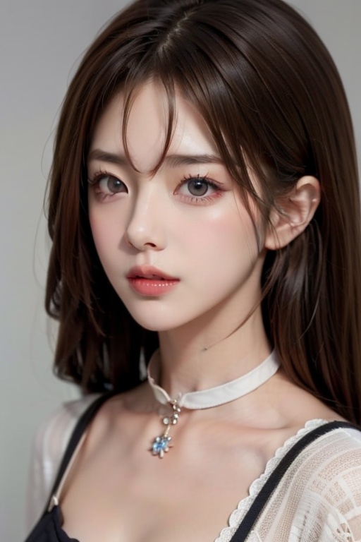 1girl solo brown hair closed mouth grey background collar lips realistic ,  beauty,  yui on Tensor.Art