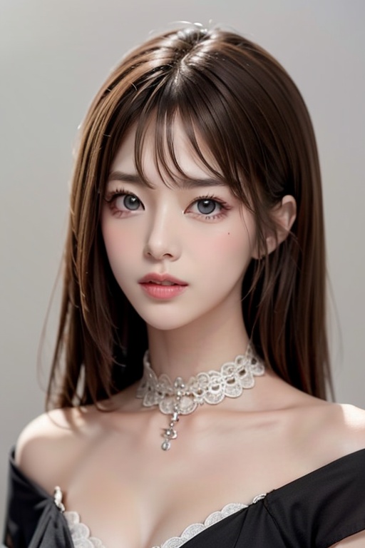 1girl solo brown hair closed mouth grey background collar lips realistic ,  beauty,  yui on Tensor.Art