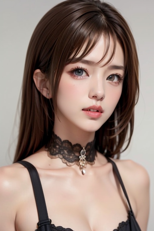 1girl solo brown hair closed mouth grey background collar lips realistic ,  beauty,  yui on Tensor.Art