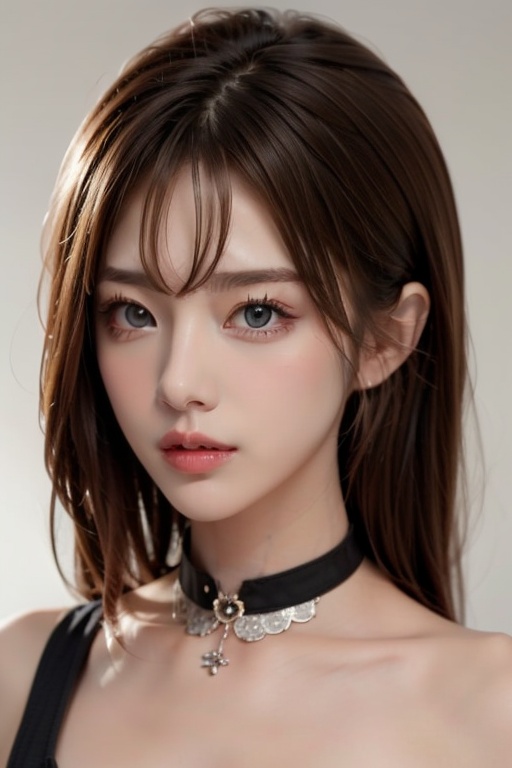 1girl solo brown hair closed mouth grey background collar lips realistic ,  beauty,  yui on Tensor.Art
