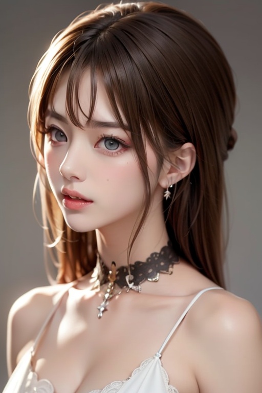 1girl solo brown hair closed mouth grey background collar lips realistic ,  beauty,  yui on Tensor.Art