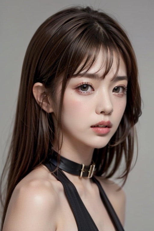 1girl solo brown hair closed mouth grey background collar lips realistic ,  beauty,  yui on Tensor.Art