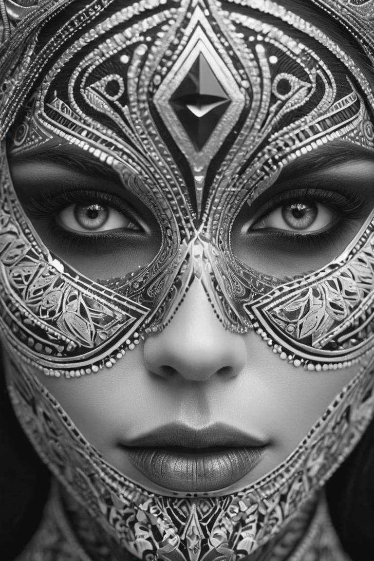 ((Black and white),  intricate details,  close-up of a woman's face with an intricate design on Tensor.Art