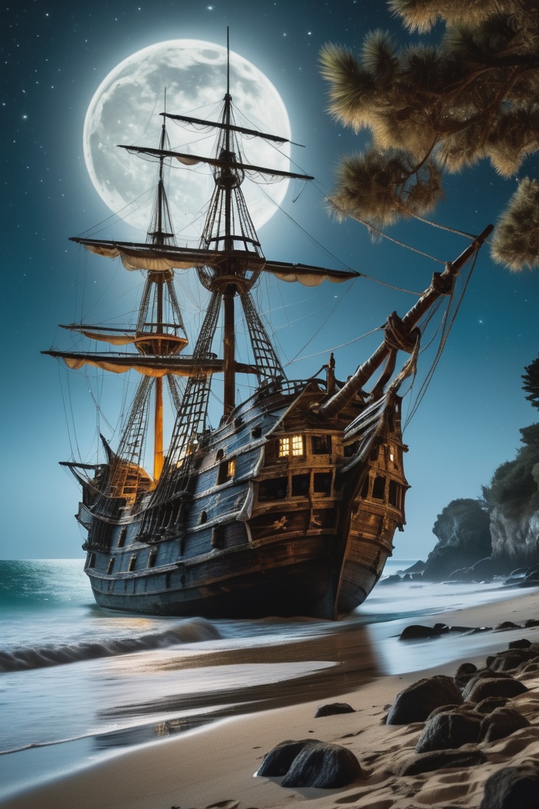 Ultra Close-up portrait,  an old and large pirate ghost ship,  abandoned and stranded in the waters of a deserted and wild...