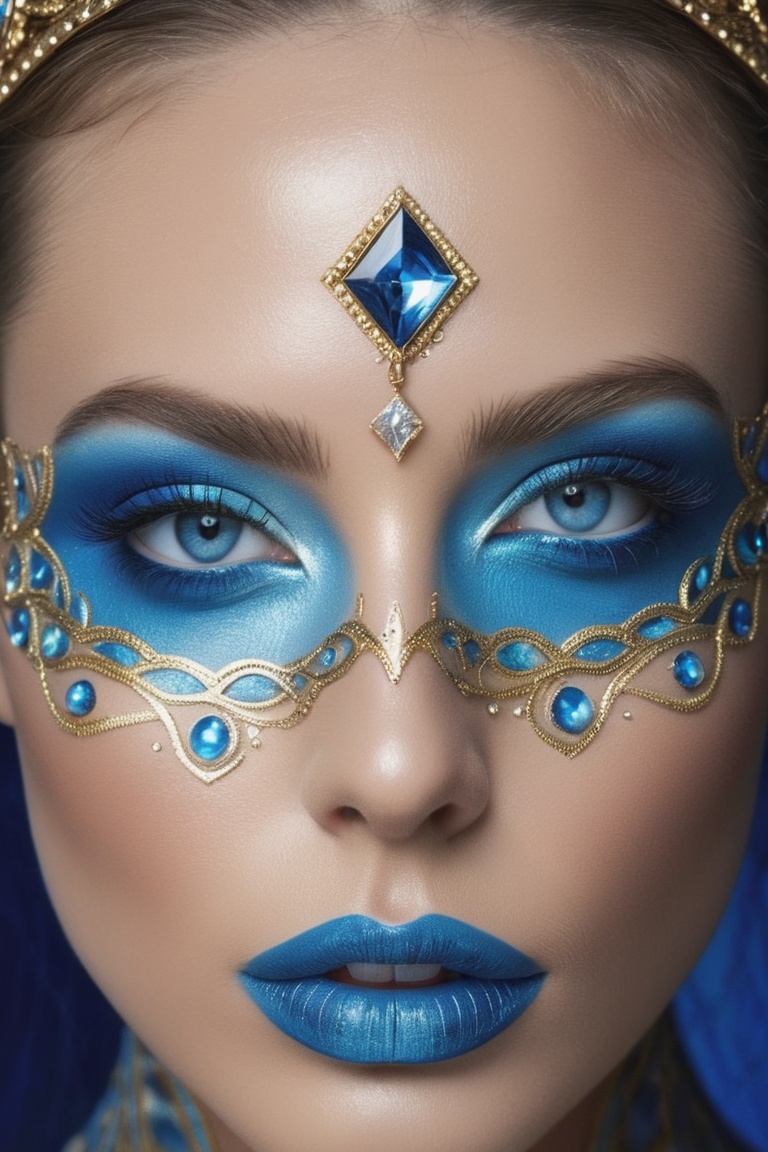 Macro-Detailed futurustic makeup Digital fantasy glossy makeup with diamond dust inserts and gold filigree,  Triple-Filter...