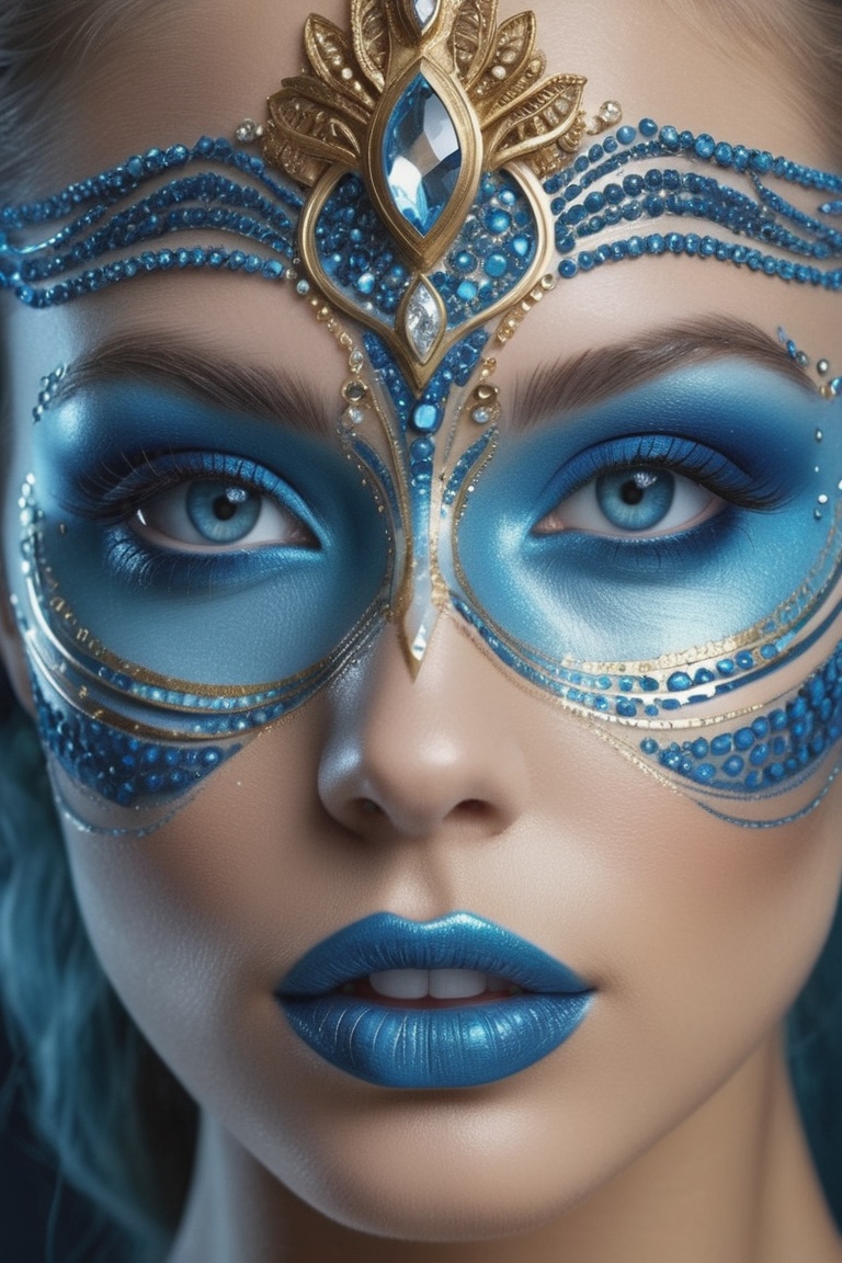 Macro-Detailed futurustic makeup Digital fantasy glossy makeup with diamond dust inserts and gold filigree,  Triple-Filter...