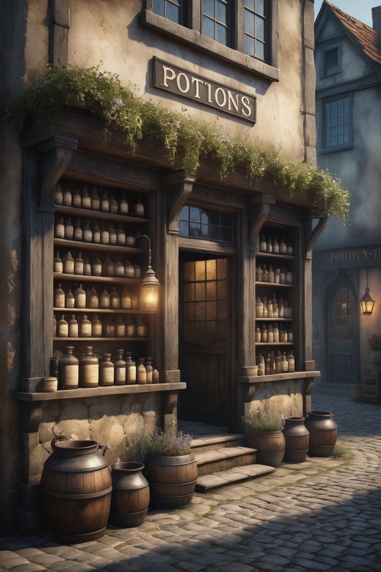 An old apothecary's workshop (on a cobblestone street) Dusty. Musty. Fantasy style. Fantasy dreamlike art. Dreamy watercol...