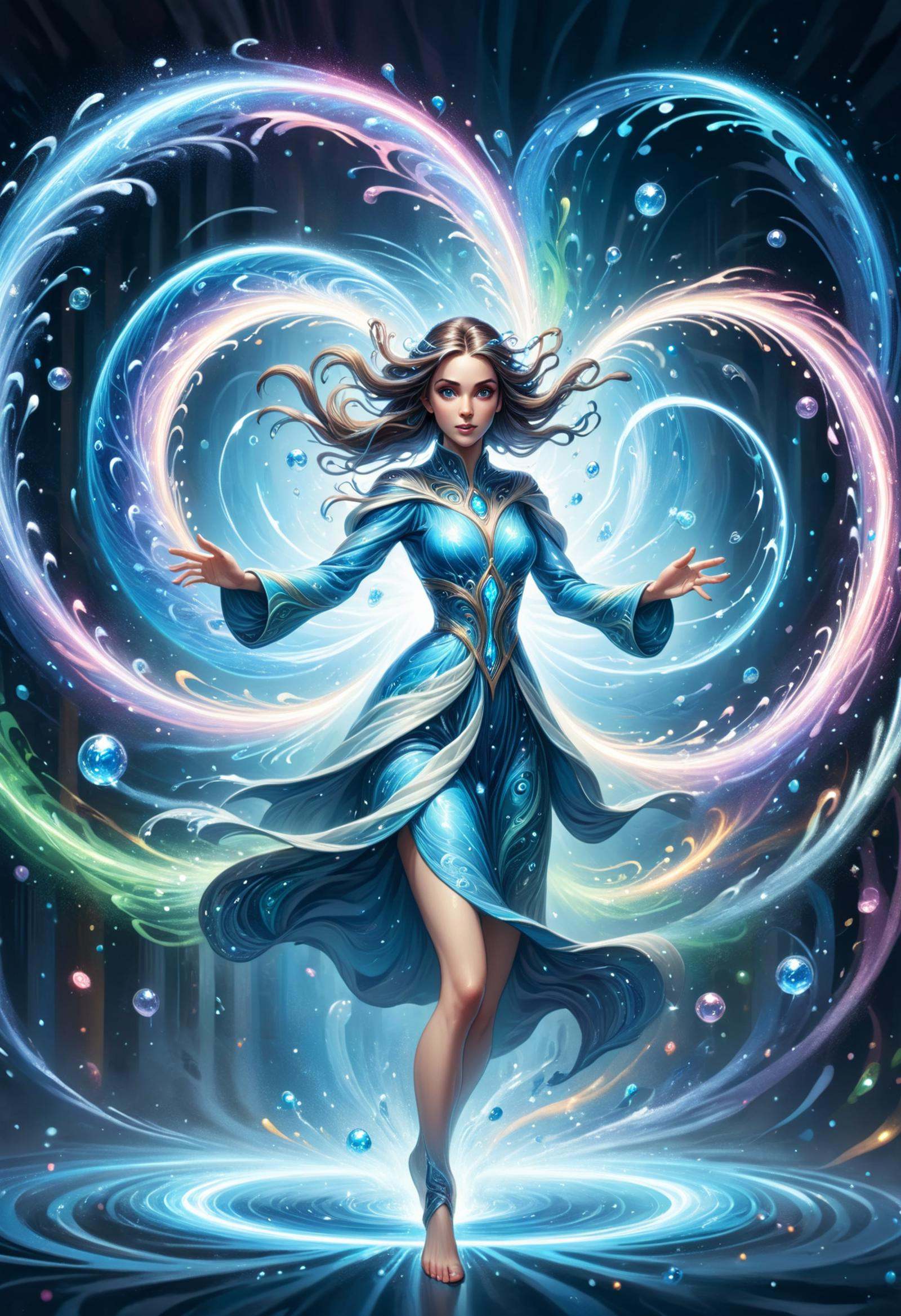 DonMW4t3r3l3XL female teleporting entitie- surrounded by glimmering,  swirling lights during teleportation,  fey sorcerer...