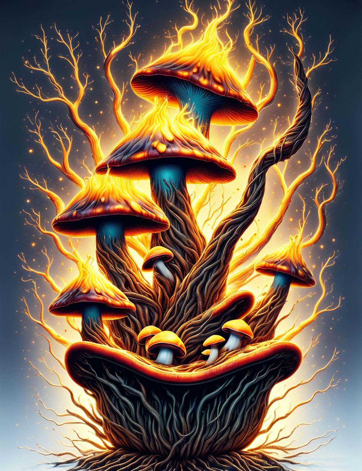 DonMF1r33l3 dark large trumpet-shaped bumpy mushroom,  frosted surface,  zoned on Tensor.Art