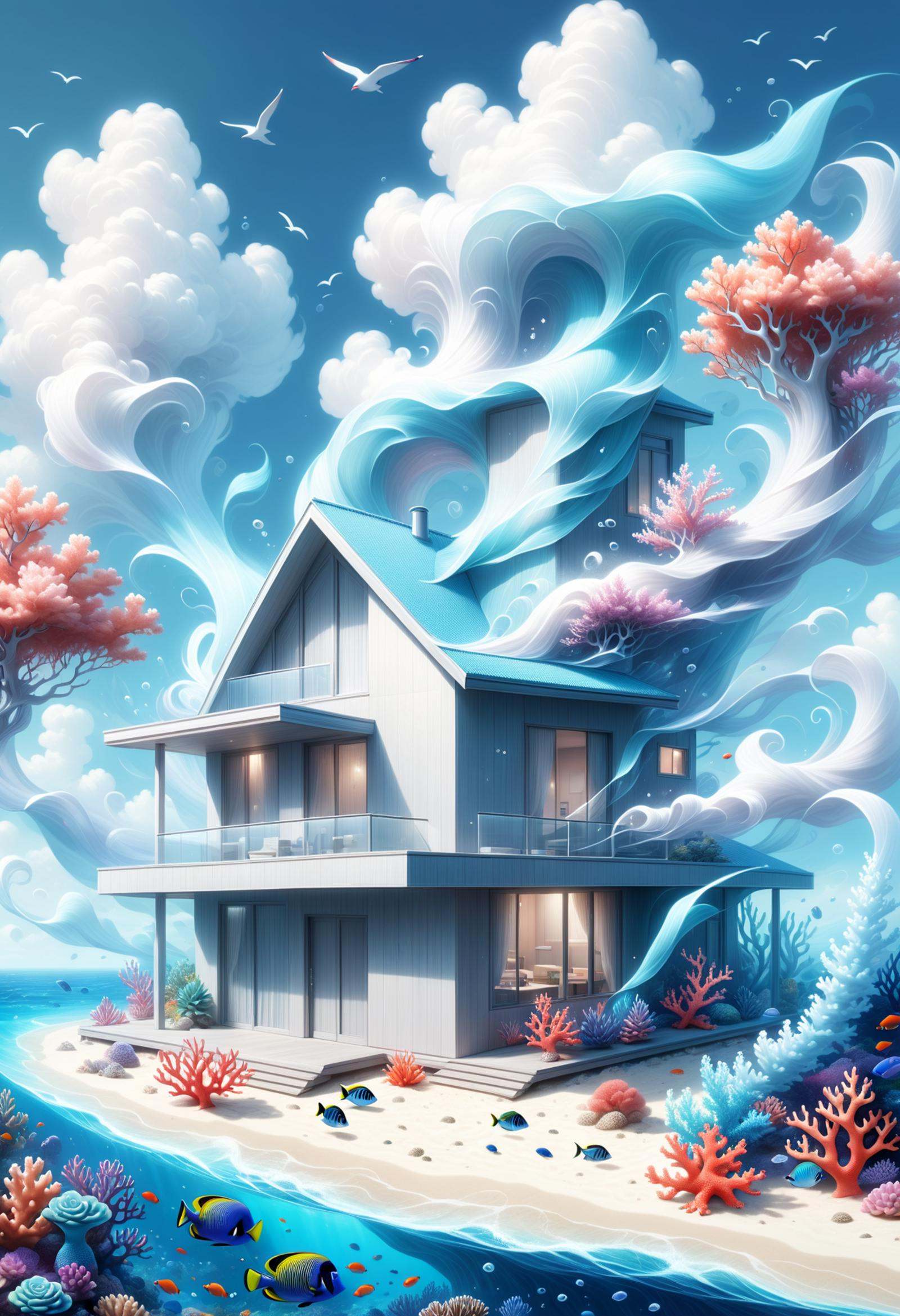 DonM41r3l3XL air,  wind,  suburb house in coral reef biome on Tensor.Art