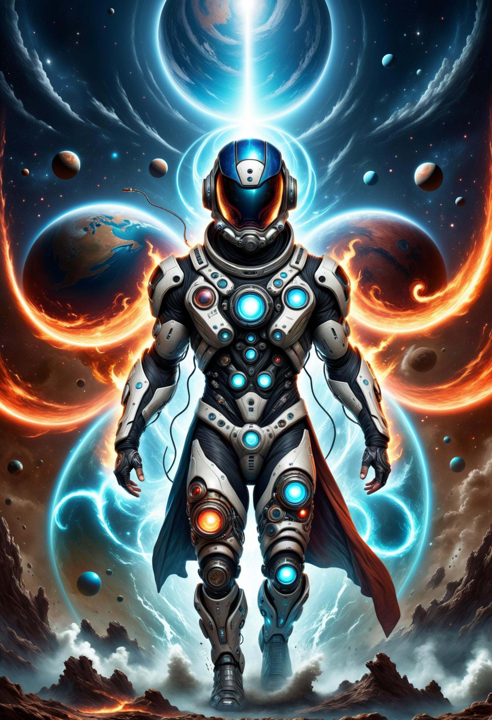 DonMM4573r0f3l3XL,  apocalyptic science fiction of time traveler- clad in unique,  futuristic suits or garments that refle...
