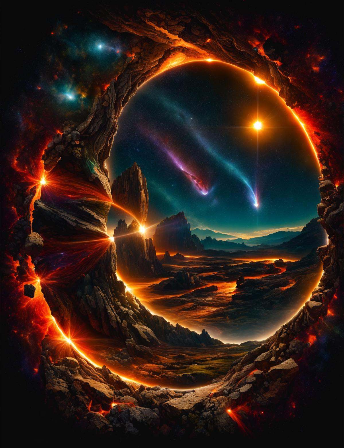 DonM34r7h3l3,  mythical landscapes casement window,  solar flare on Tensor.Art