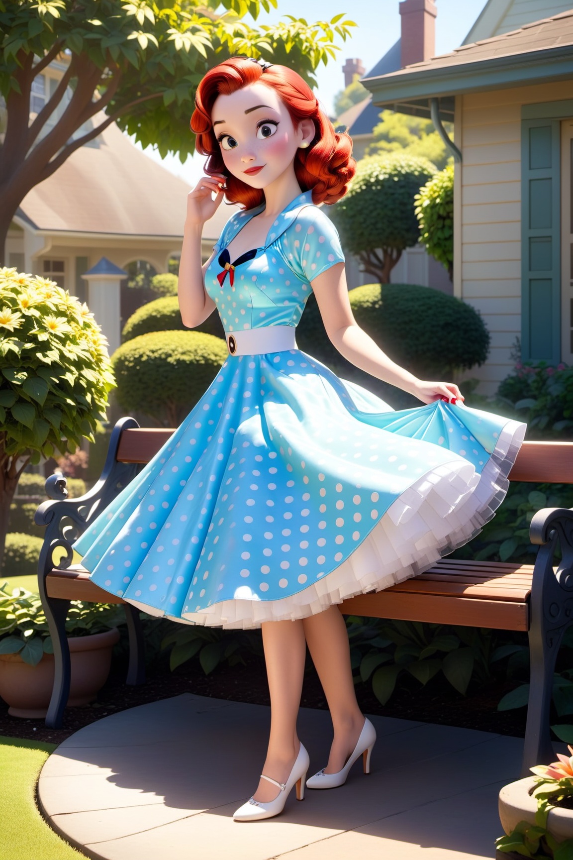 beautiful woman in satin polkadot 1950s dress,  standing in bench in garden of suburban house,  morning sun on Tensor.Art