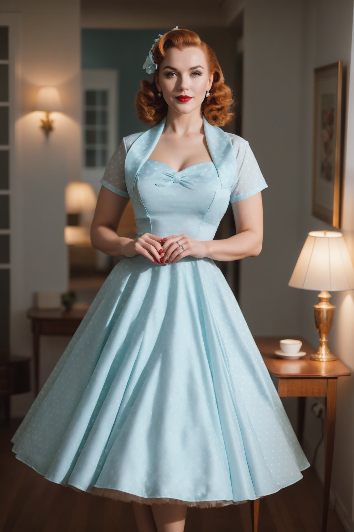 photo of beautiful woman in polkadot 1950s dress,  in suburban house,  romantic lighting on Tensor.Art