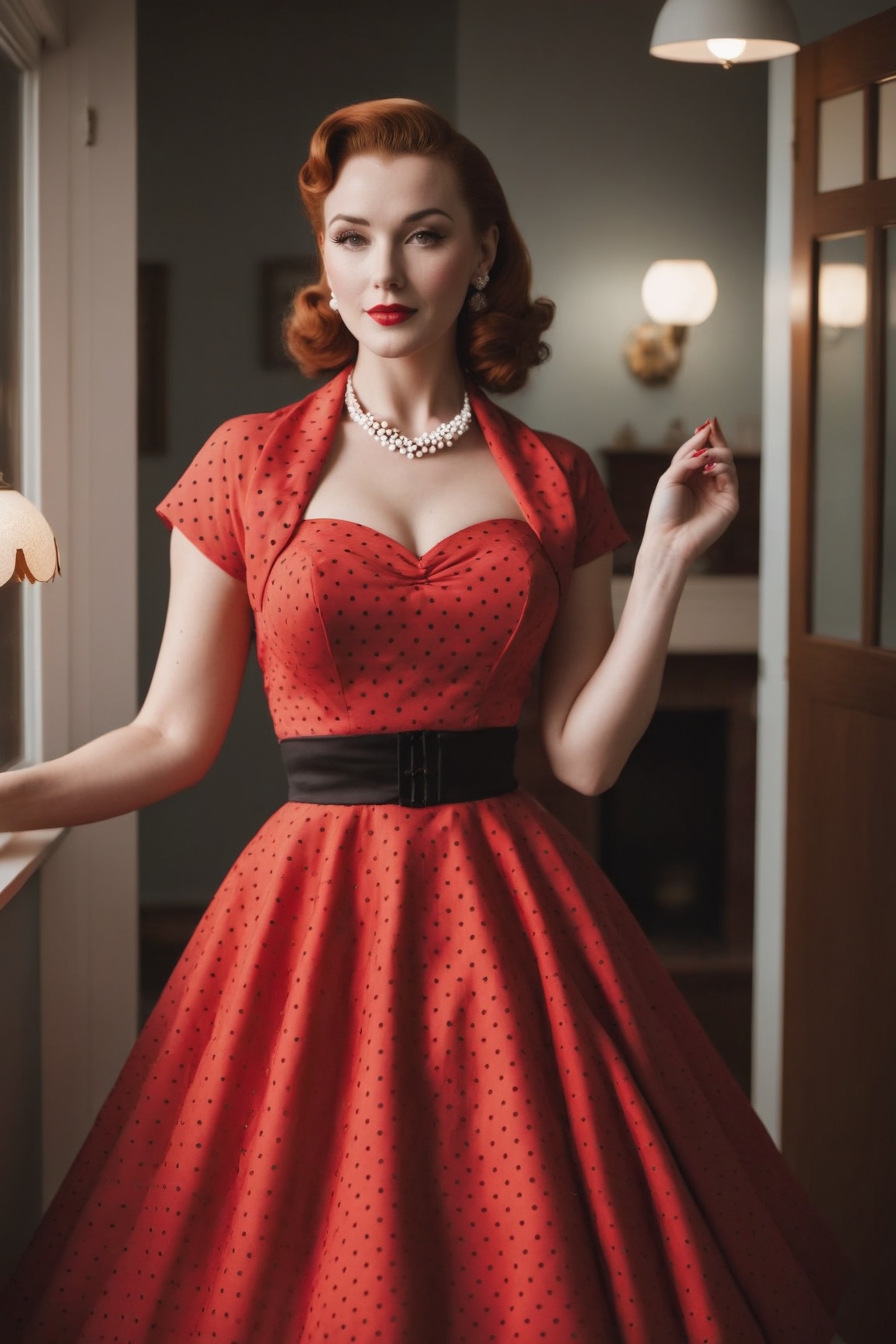 photo of beautiful woman in polkadot 1950s dress,  in suburban house,  romantic lighting on Tensor.Art