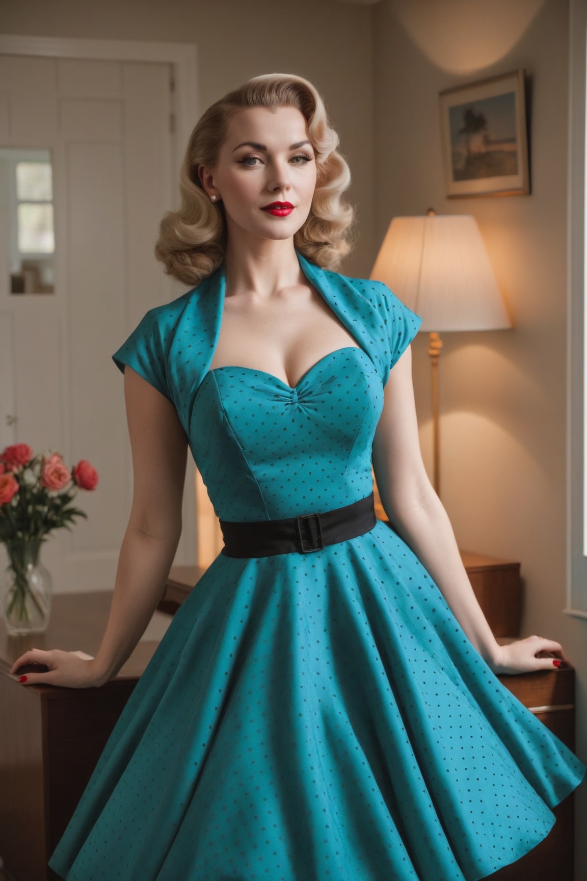 photo of beautiful woman in polkadot 1950s dress,  in suburban house,  romantic lighting on Tensor.Art