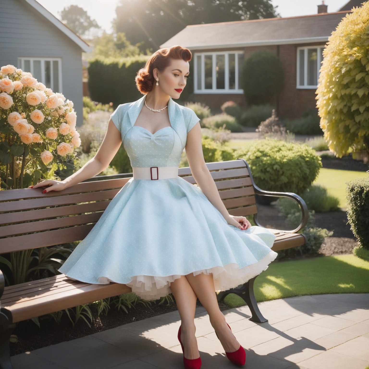 photo of beautiful woman in polkadot 1950s dress,  sitting on bench in garden of suburban house,  morning sun on Tensor.Art