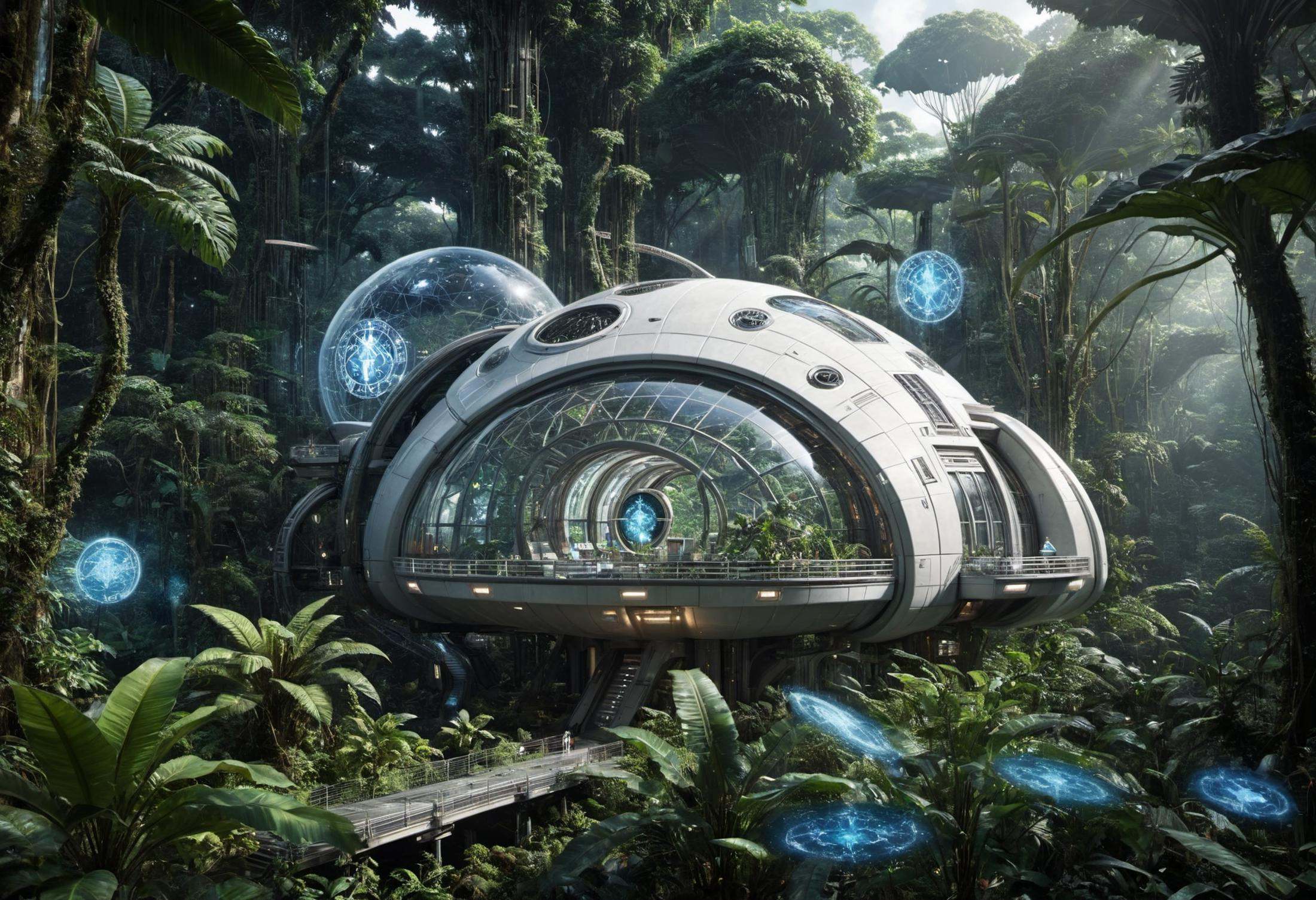 DonMT3chC057ruc7sXL space station cottage in tropical rainforest biome ,  tech,  scifi by DonMischo on Tensor.Art