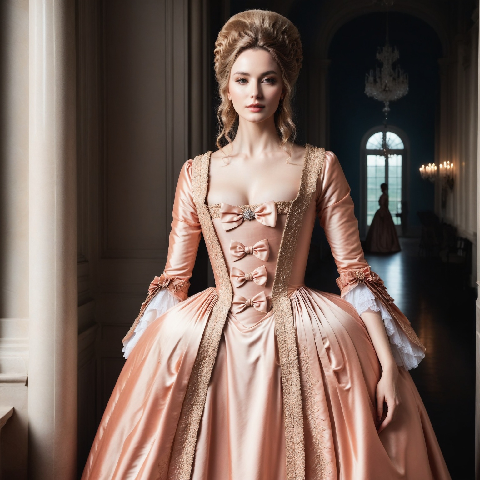photo of beautiful woman in (very detailed satin) georgian gown,  in beautiful mansion,  romantic lighting on Tensor.Art