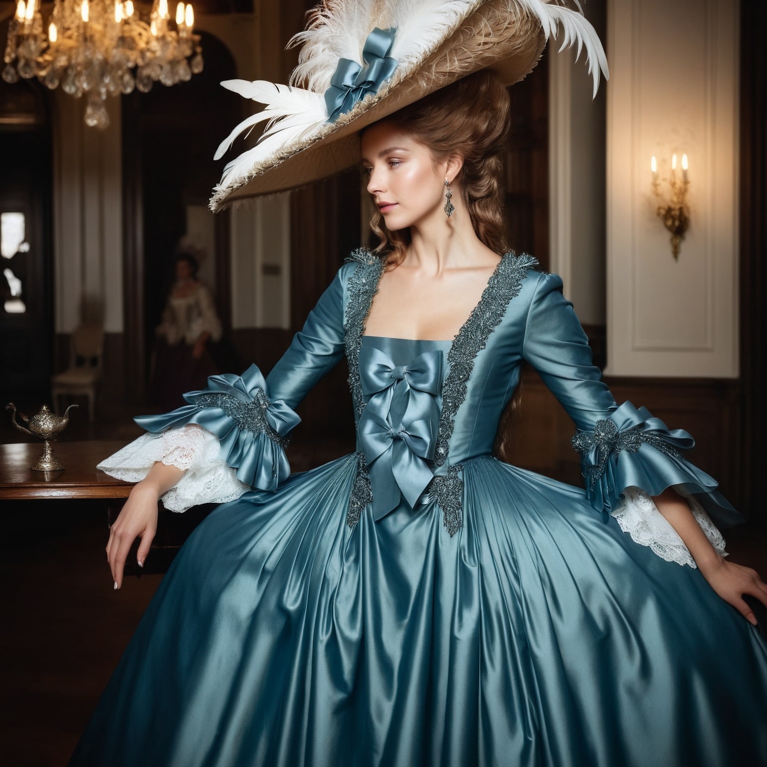 photo of beautiful woman in (very detailed embroidered and bows) shiny satin,  georgian gown,  large hat with feather on T...