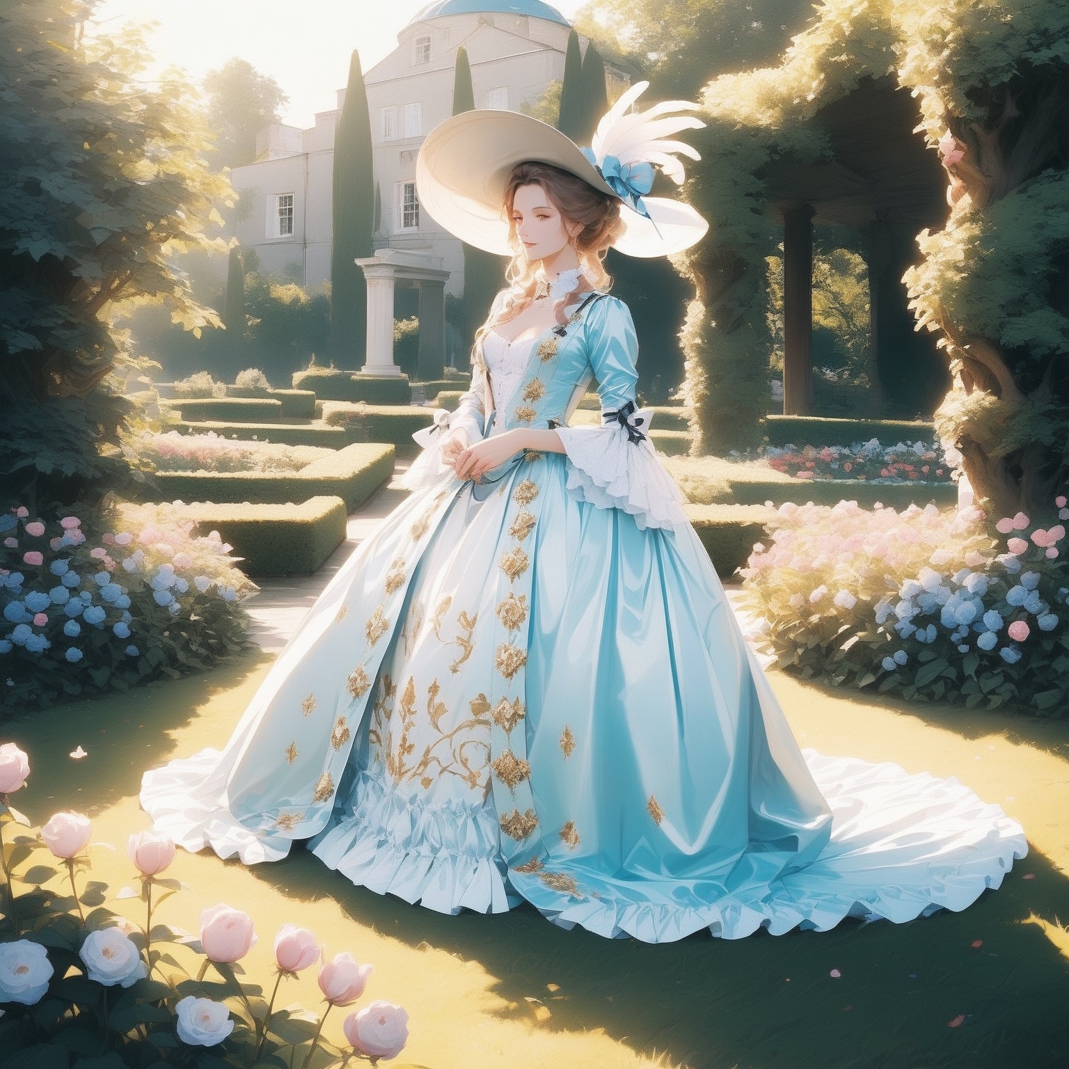 beautiful woman in (very detailed embroidered and bows) shiny satin,  georgian gown,  hat with feather on Tensor.Art