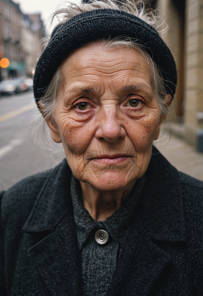 photography,  city street,  closeup portrait photo of old woman in dark clothes on Tensor.Art