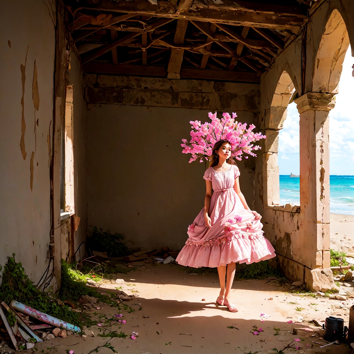 an amazing pink tree on a rock on the beach,  in the style of realistic depiction of light,  passage on Tensor.Art