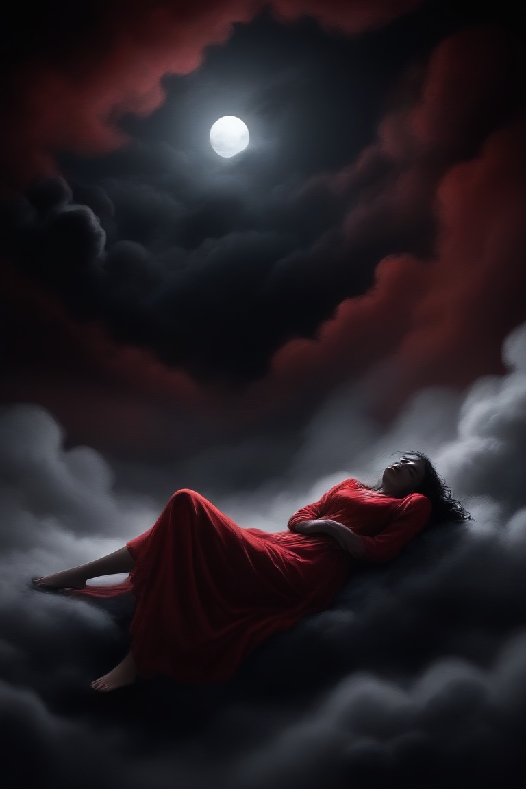 Silhouette,  a girl sleeping in the clouds,  moody sad dark atmosphere on Tensor.Art