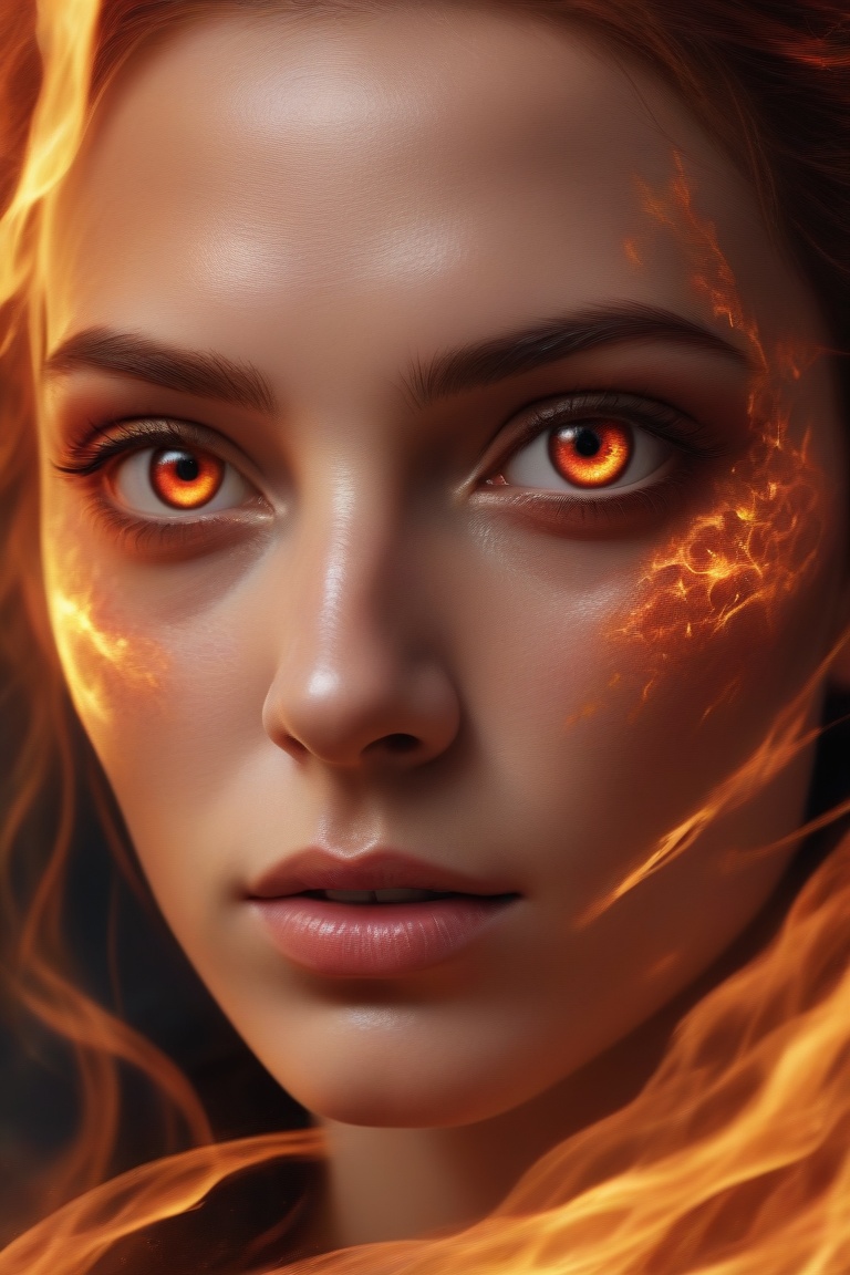 RAW photo of an . Woman,  24 years old,  a macro-close-up of a woman's face with fire on her face on Tensor.Art